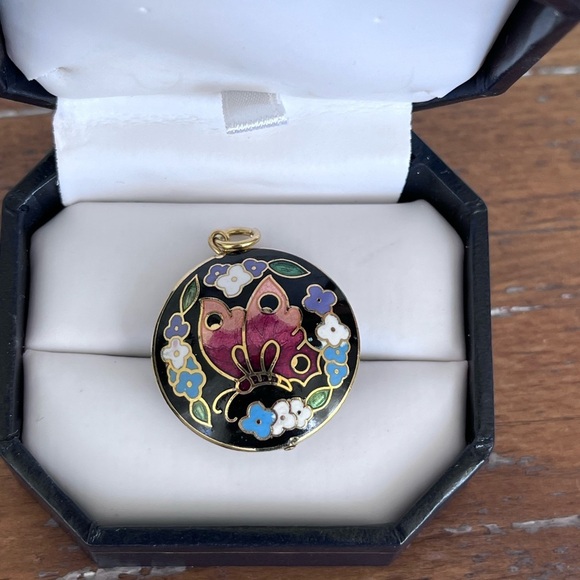 Vintage Cloisonné Enamel Round Puff Pendant Double Sided 1" Valentine's Mom - Picture 1 of 2